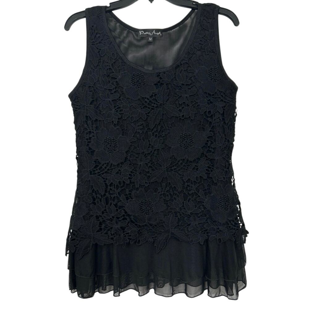 Pretty Angel Boho Black Floral Crochet Lace Mesh Top Semi Sheer Layered Tunic M